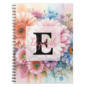 Cuaderno Monograma de acuarela floral de gerbera rosas