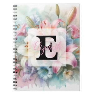 Cuaderno Monograma de acuarela floral de lirios rosados flo