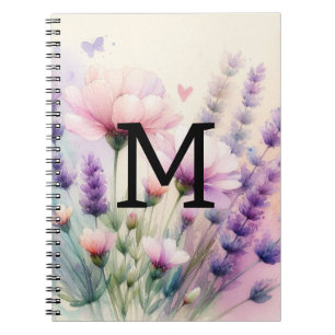 Cuaderno Monograma de acuarela floral lavanda púrpura rosa