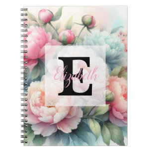 Cuaderno Monograma de acuarela floral peonías rosadas azule