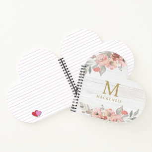 Cuaderno Monograma de Acuarela Floral Rosa de Madera Rústic