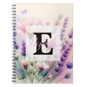 Cuaderno Monograma de acuarela floral rosa púrpura lavanda