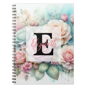 Cuaderno Monograma de acuarela floral rosas rosadas flores