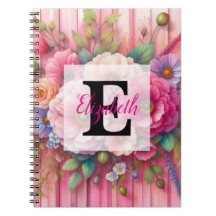Cuaderno Monograma de acuarela pasteles flores sobre madera