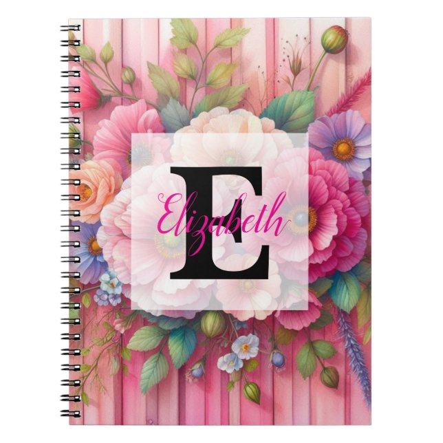 Cuaderno Monograma de acuarela pasteles flores sobre madera (Frente)