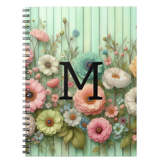Cuaderno Monograma de acuarela pasteles flores sobre madera (Frente)