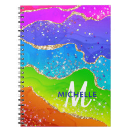 Cuaderno Monograma de Ágata Brillante Arcoíris y Dorado Fal