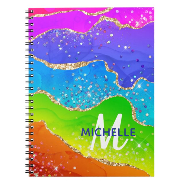 Cuaderno Monograma de Ágata Brillante Arcoíris y Dorado Fal (Frente)