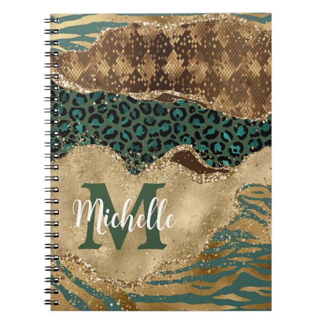 Cuaderno Monograma de ágata con brillo de animales safari v (Frente)