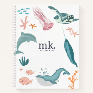 Cuaderno Monograma de Animales Marinos Océano Acuarela 