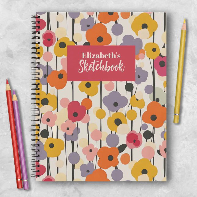 Cuaderno Monograma de artista de patrón floral retro (A pretty colorful retro floral artist sketchbook. Makes a great gift for a creative girl.)