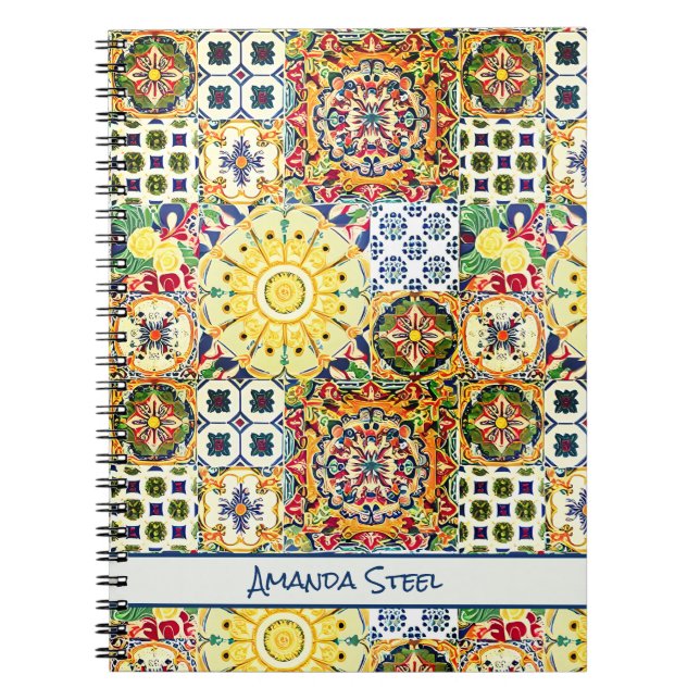 Cuaderno Monograma de azulejos naranja geométricos mediterr (Frente)