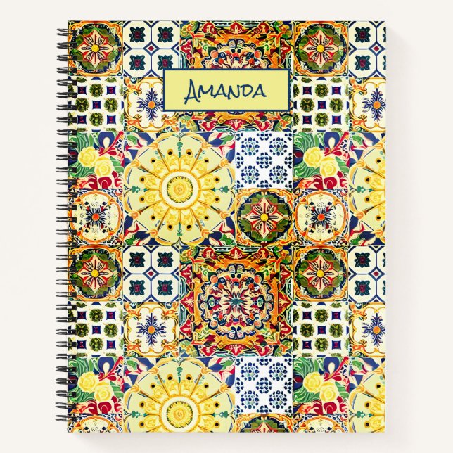 Cuaderno Monograma de azulejos naranja geométricos mediterr (Anverso)