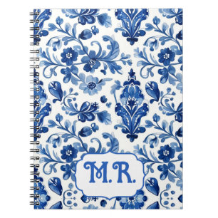 Cuaderno Monograma de Baldosa Floral Azul Mediterráneo
