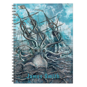 Cuaderno Monograma de barco de vela Octopus Blue Sea Monste