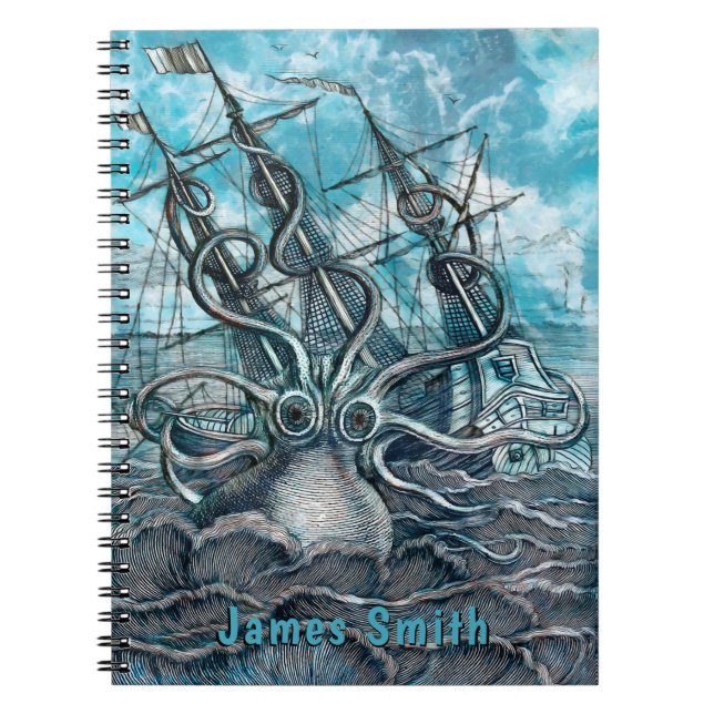 Cuaderno Monograma de barco de vela Octopus Blue Sea Monste (Frente)