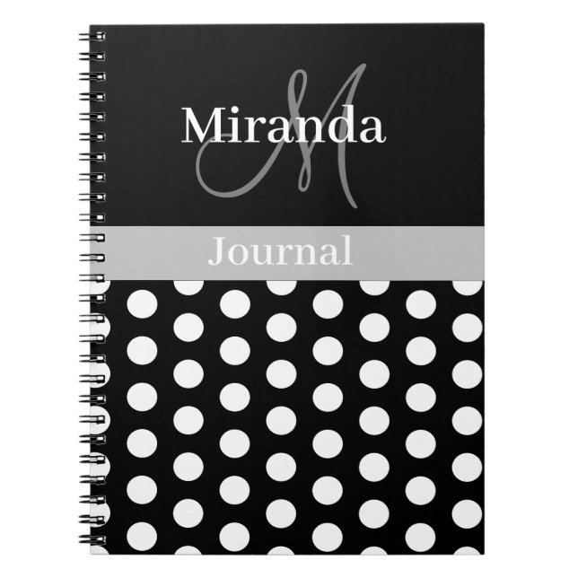 Cuaderno Monograma de Black White Gray Script Polka Dot (Frente)