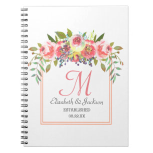 Cuaderno Monograma de Boda Corona Floral Acuarela Melocotón