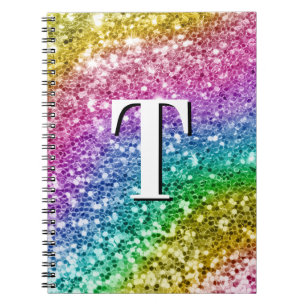 Cuaderno Monograma de brillo de arcoíris femenino brillante