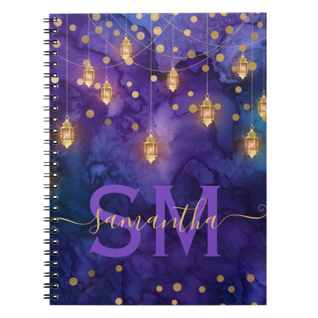 Cuaderno Monograma de brillo de linterna morado y azul (Frente)
