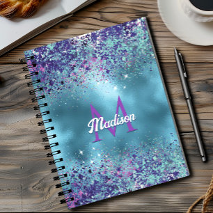 Cuaderno Monograma de brillo iridiscente rosa azul chic