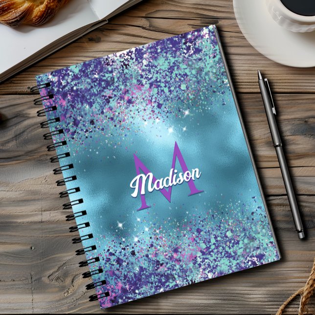 Cuaderno Monograma de brillo iridiscente rosa azul chic (Subido por el creador)
