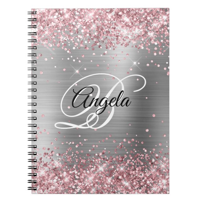 Cuaderno Monograma de brillo plateado metálico Purpurina ro (Frente)