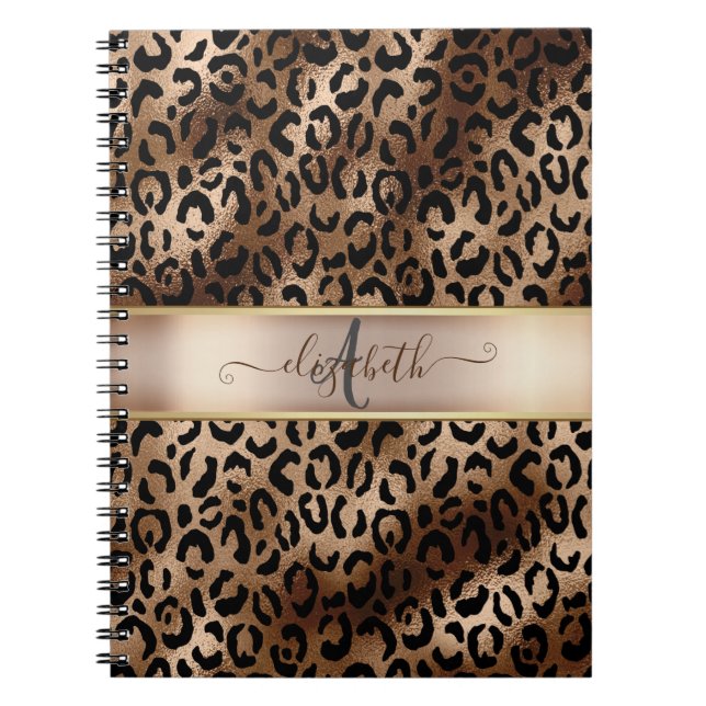Cuaderno Monograma de bronce negro patrón leopardo (Frente)