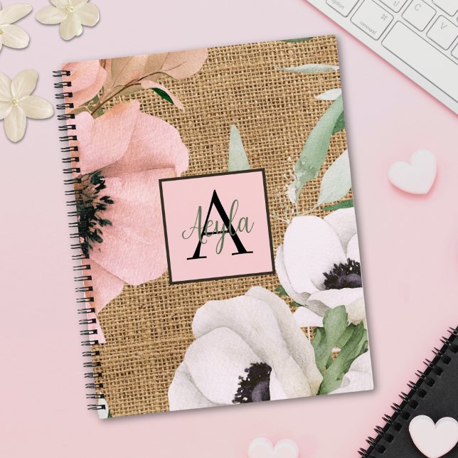 Cuaderno Monograma de Burlap floral de Moda de país (Subido por el creador)