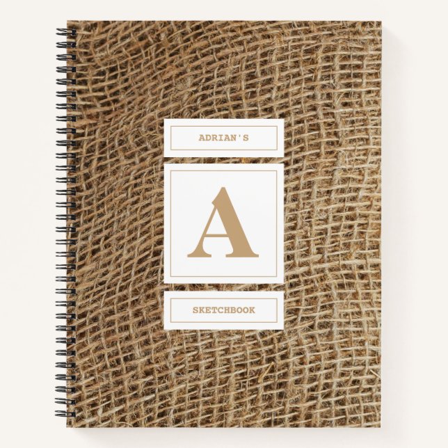 Cuaderno Monograma de Burlap Rústico Esbozo Inicial (Anverso)