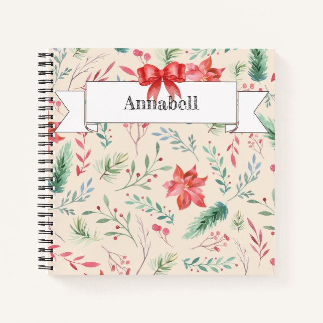 Cuaderno Monograma de cinta de patrón floral de navidades (Anverso)