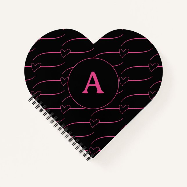 Cuaderno Monograma de corazón lindo magenta negro (Anverso)