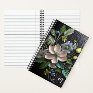 Cuaderno monograma de cuero negro con relieve floral 3D