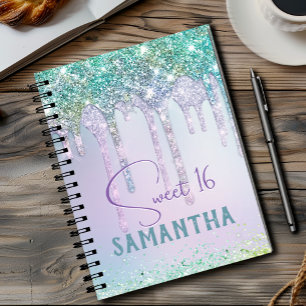 Cuaderno Monograma de cumpleaños de Purpurina de moda aqua 
