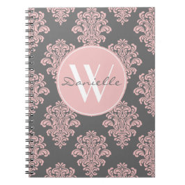 Cuaderno Monograma de damasco de color rosa y gris oscuro