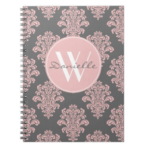 Cuaderno Monograma de damasco de color rosa y gris oscuro