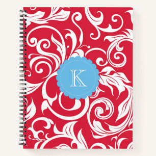 Cuaderno Monograma de desplazamiento floral azul y rojo bri