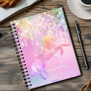 Cuaderno Monograma de destellos rosa unicornio lindo con go