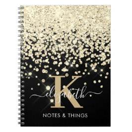 Cuaderno Monograma de Diamante con Brillo de Oro Negro Chic