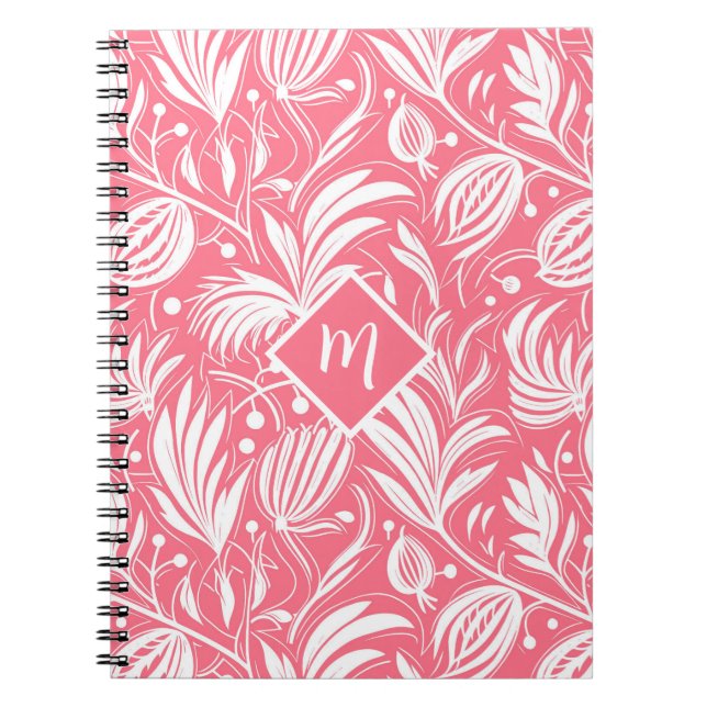 Cuaderno Monograma de diamante con patrón floral rosado tro (Frente)