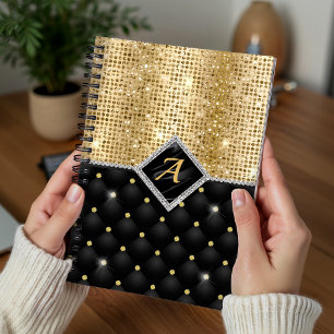 Cuaderno Monograma de diamante negro con cristal falso dora