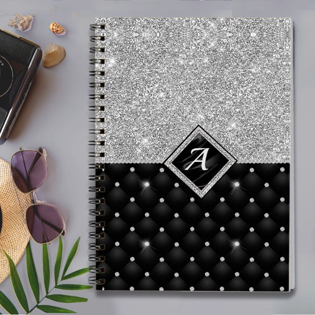 Cuaderno Monograma de diamante negro fino de cristal platea (Subido por el creador)