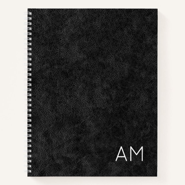 Cuaderno Monograma de dos letras Faux Black Leather Modern (Anverso)