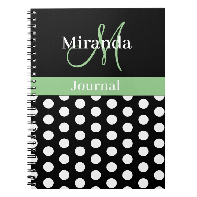 Cuaderno Monograma de dot de polka blanco verde (Frente)