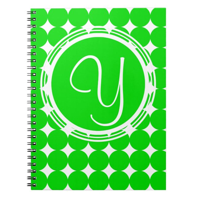 Cuaderno Monograma de dot de polka verde (Frente)