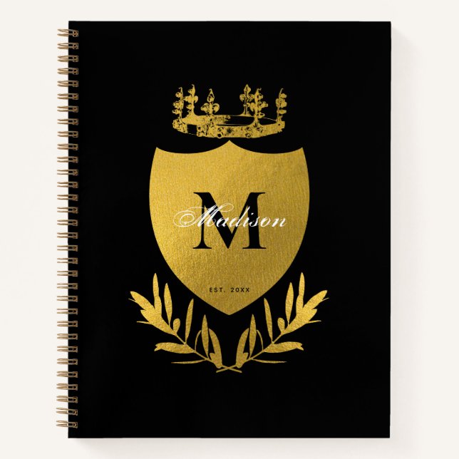 Cuaderno Monograma de Escudo Real Negro y Oro (Anverso)