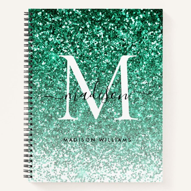 Cuaderno Monograma de espuma de Purpurina verde Verde azula (Anverso)