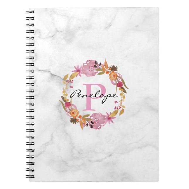 Cuaderno Monograma de espuma floral rosa de bonito (Frente)