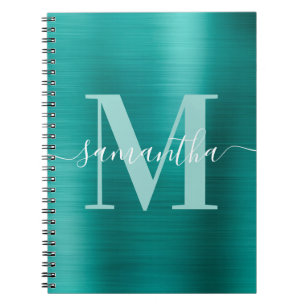 Cuaderno Monograma de firma Aqua Teal Brillo Foil