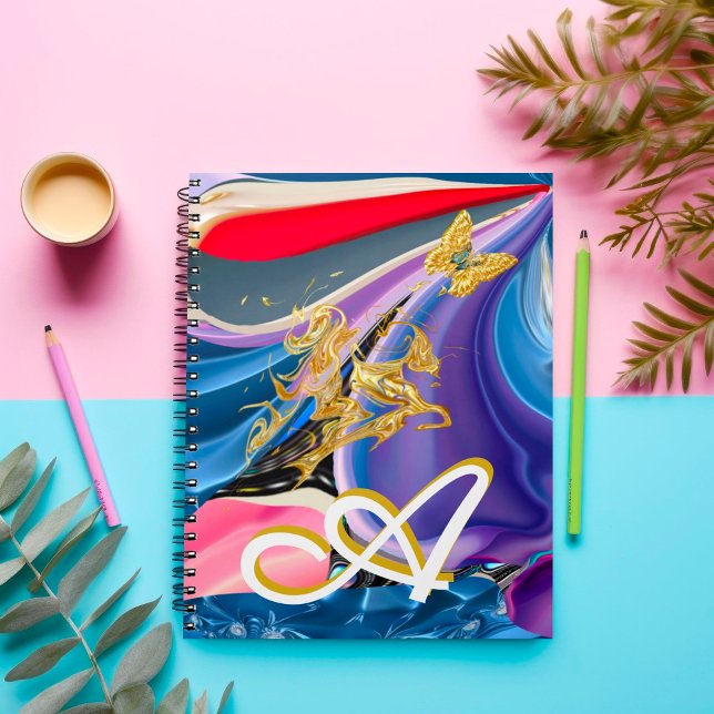 Cuaderno Monograma de Flor de Mariposa Dorada Líquida Abstr (Subido por el creador)